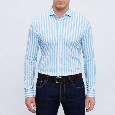 Emanuel Berg - Byron - Chemise manches longues à rayures Albini 4Flex - Modern Fit - Blanc/Turquoise - LE CAPITAINE D'A BORD