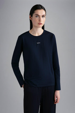 Paul & Shark Ladies - T-shirt manches longues de coton avec requin Swarovski pour femme - LE CAPITAINE D'A BORD