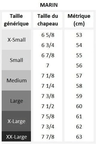 Hat size chart for marine caps showing generic, hat, and metric sizes in centimeters.