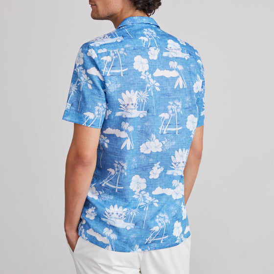Emanuel Berg - Chemise manches courtes de coton et lin imprimée - Bleu