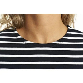 Close-up of a navy and white striped Breton shirt with crew neckline