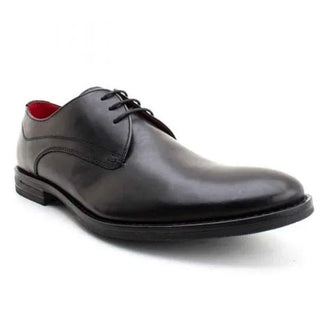 Men's black leather dress shoe with lace-up closure and red interior, classic formal style