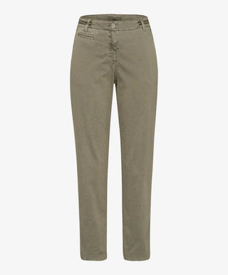 Women's straight-leg olive cotton pants with front pockets on white background