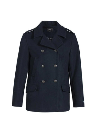 Men's navy wool pea coat with double-breasted front and button details