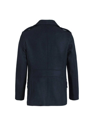 Back view of navy wool men's peacoat with structured shoulders and epaulets