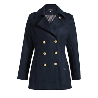 Navy women's pea coat with gold buttons, double-breasted and tailored fit