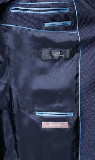 Inside view of a navy wool suit jacket with blue trim and multiple inner pockets