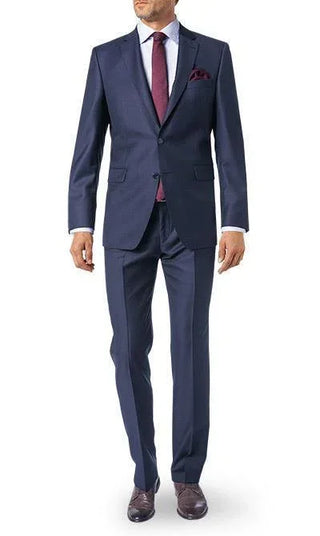 Men's navy wool suit with notch lapel, paired with white shirt and burgundy tie.