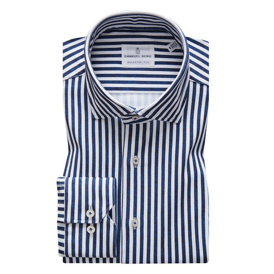 Emanuel Berg - Byron - Chemise rayée manches longues Albini 4Flex - Modern Fit - Marine/Blanc - LE CAPITAINE D'A BORD