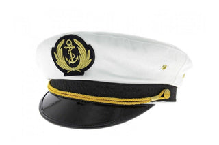 White captain's hat with gold anchor emblem, black visor, and gold trim, nautical accessory
