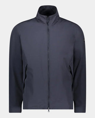 Men's navy nylon zip-up jacket with high collar and zip pockets