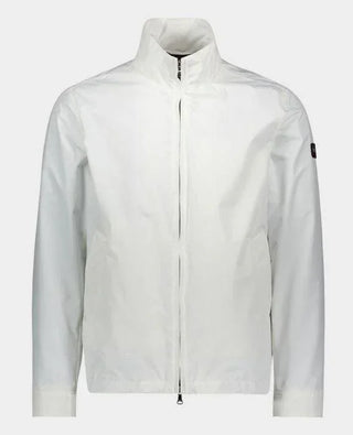 Men's white nylon zip-up jacket with high collar and long sleeves on white background