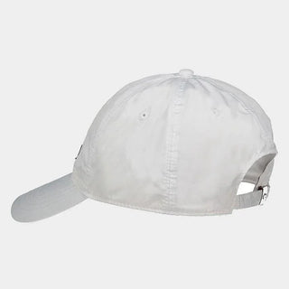 White nylon baseball cap with adjustable strap, rear view on light background