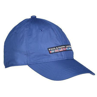 Blue nylon yachting cap with multicolored flag patch and curved brim