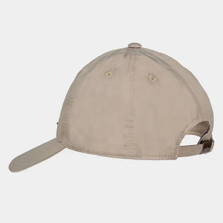 beige nylon baseball cap with adjustable strap, rear view on white background