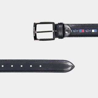 Navy blue leather belt with silver buckle and nautical flag details