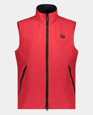 Red nylon sleeveless vest with zipper and two side pockets, men's lightweight outerwear