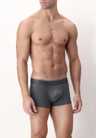 Male model wearing grey Perofil boxer briefs with push-up front on white background