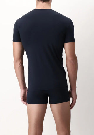 Back view of man wearing fitted black crew neck short sleeve t-shirt and boxer briefs