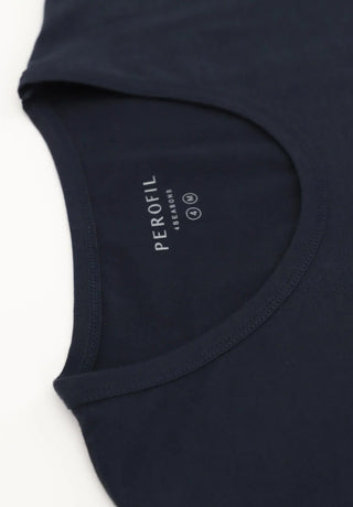Close-up of navy crew neck t-shirt with Perofil 4Seasons label, soft cotton fabric