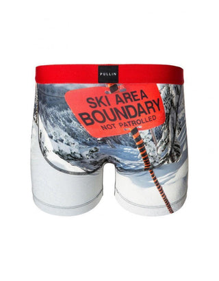 Men's Pullin boxer briefs with a ski area boundary print and red waistband