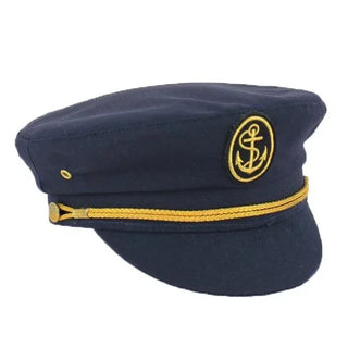 Navy blue captain's hat with gold anchor emblem and decorative gold braid