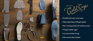 Sperry Gold Cup boat shoe components including leather uppers, insoles, outsoles, laces, and gold eyelets displayed on wood surface, highlighting shoe features.